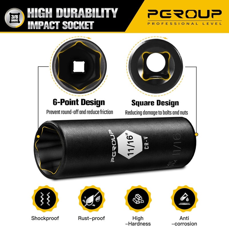 pgroup 3/8” Drive Deep Impact Socket, SAE(11/16 Inch socket), 6-Point, Cr-V Steel With Black Manganese Phosphate Coating - Image 4